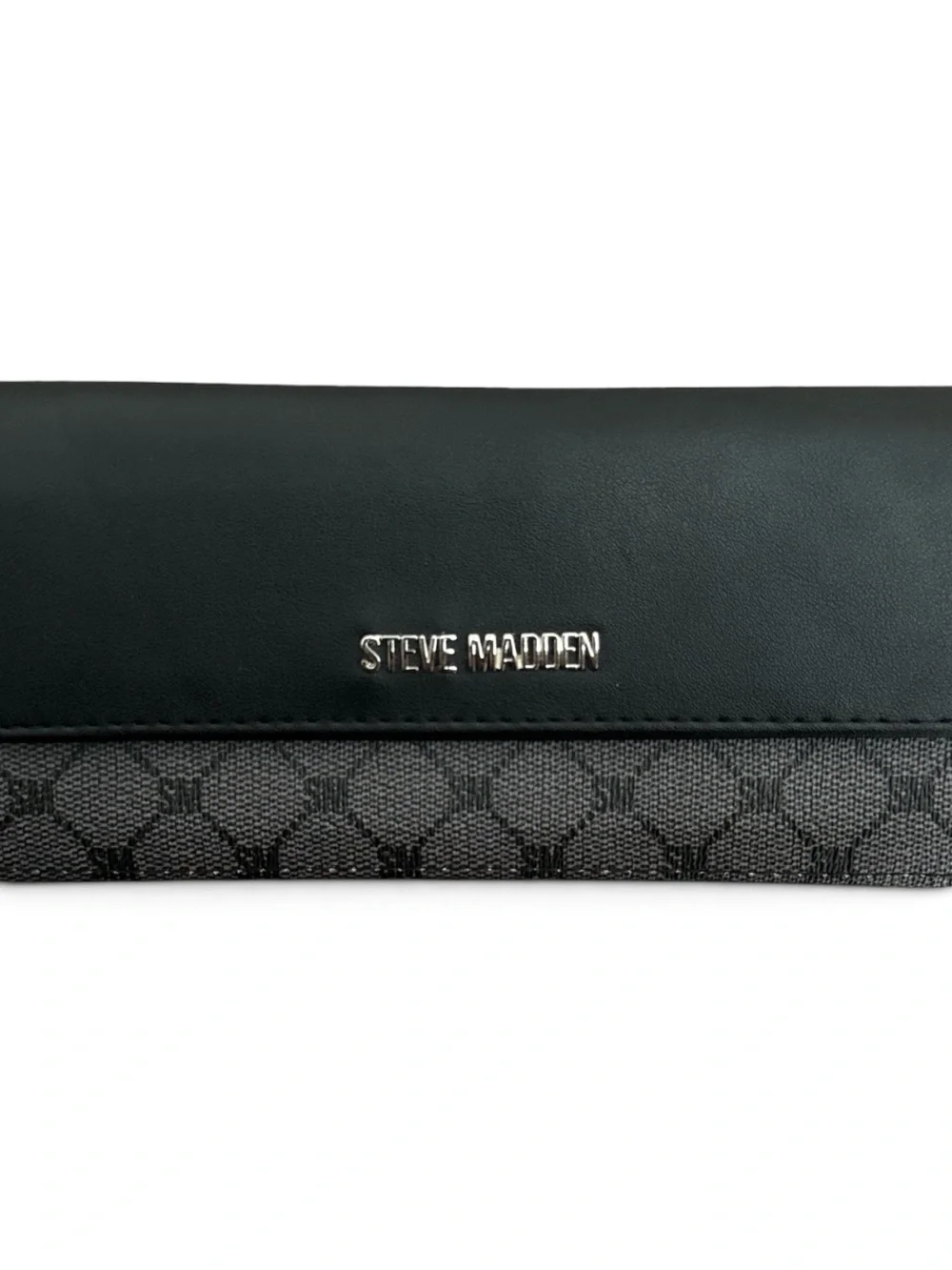 Steve Madden Black and Gray Logo Continental Clutch